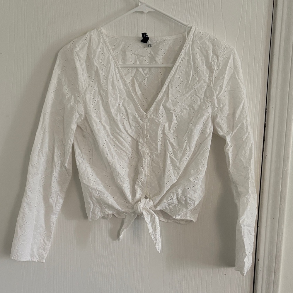 White Eyelet Tie-Front Blouse